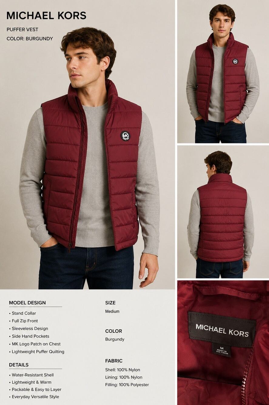 Michael Kors Men’s Medium Burgundy Puffer Vest Full Zip Quilted Jacket